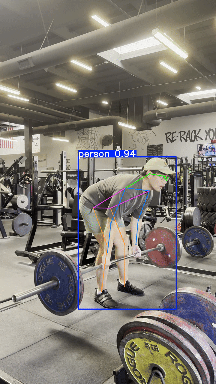YOLO Pose wrist keypoint tracking overlay on a 5-rep deadlift set